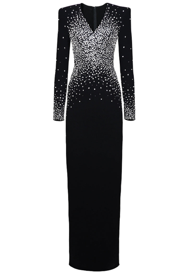 Seraphiel Long Sleeves Crystal Maxi In Dress Black