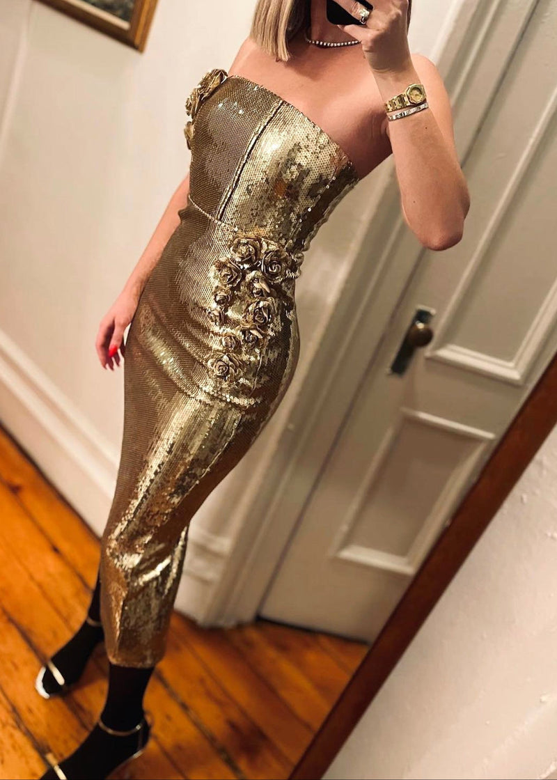 Blythar Strapless Floral Sequin Midi Dress In Gold