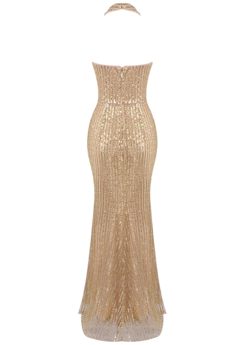 Hyrth Halter Sequin Maxi Dress In Gold