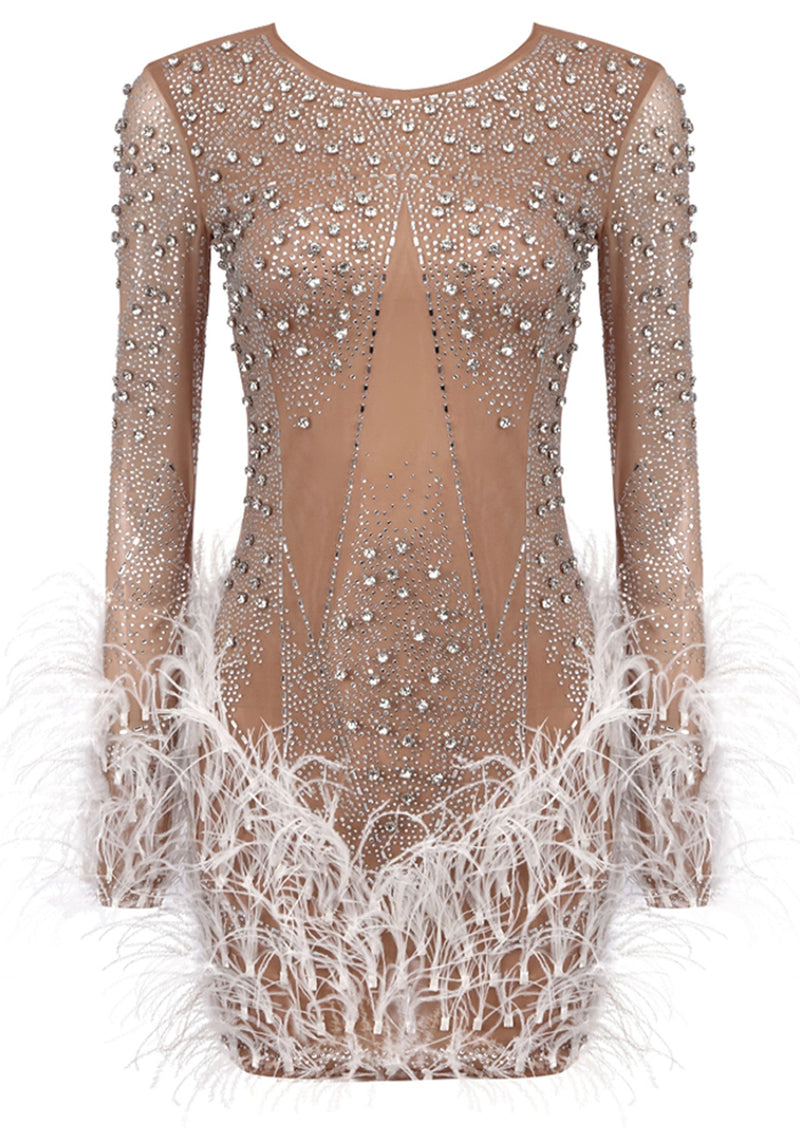 Bairbre Long Sleeve Crystal Feather Dress In Nude White