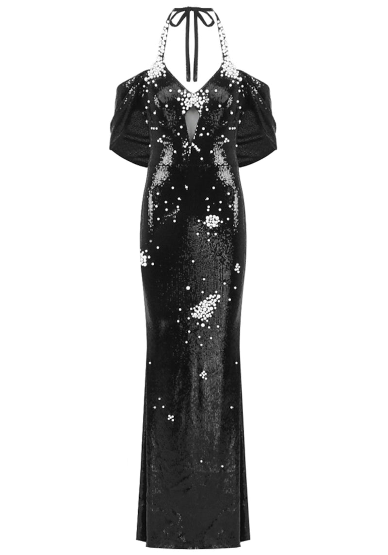 Thayer Halter Bardot Pearl Sequin Maxi Dress In Black