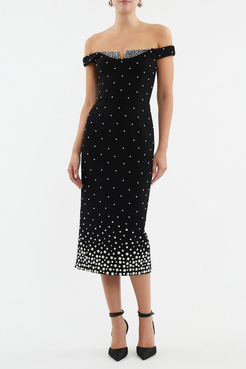 Nketiah Pearl Polka Dots Embellished Midi Dress In Black
