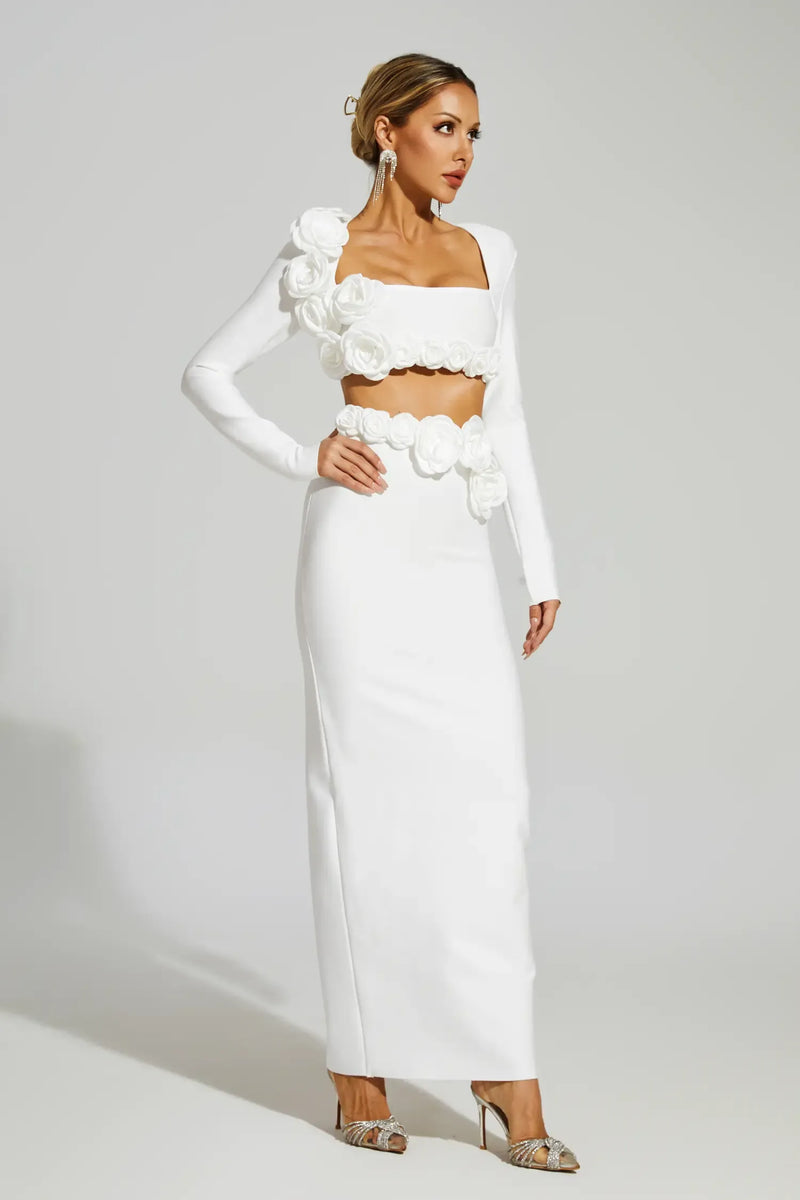 Dellis Flower Bandage Skirt Set In White