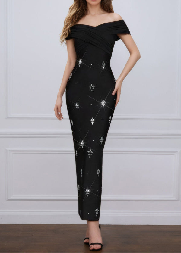 Thalyss Draped Bardot Crystal Maxi Dress In Black