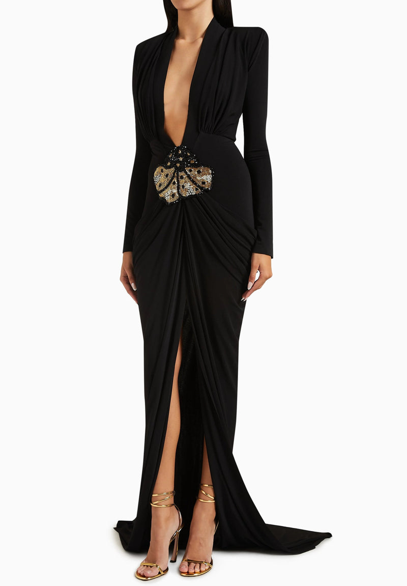 Avalee Long Sleeve Plunge V Neck Crystal Maxi Dress In Black