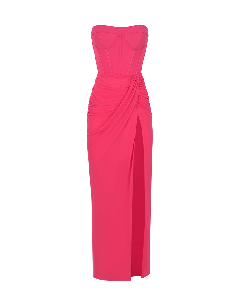 Tafari Strapless Ruched Maxi Dress In Hot Pink