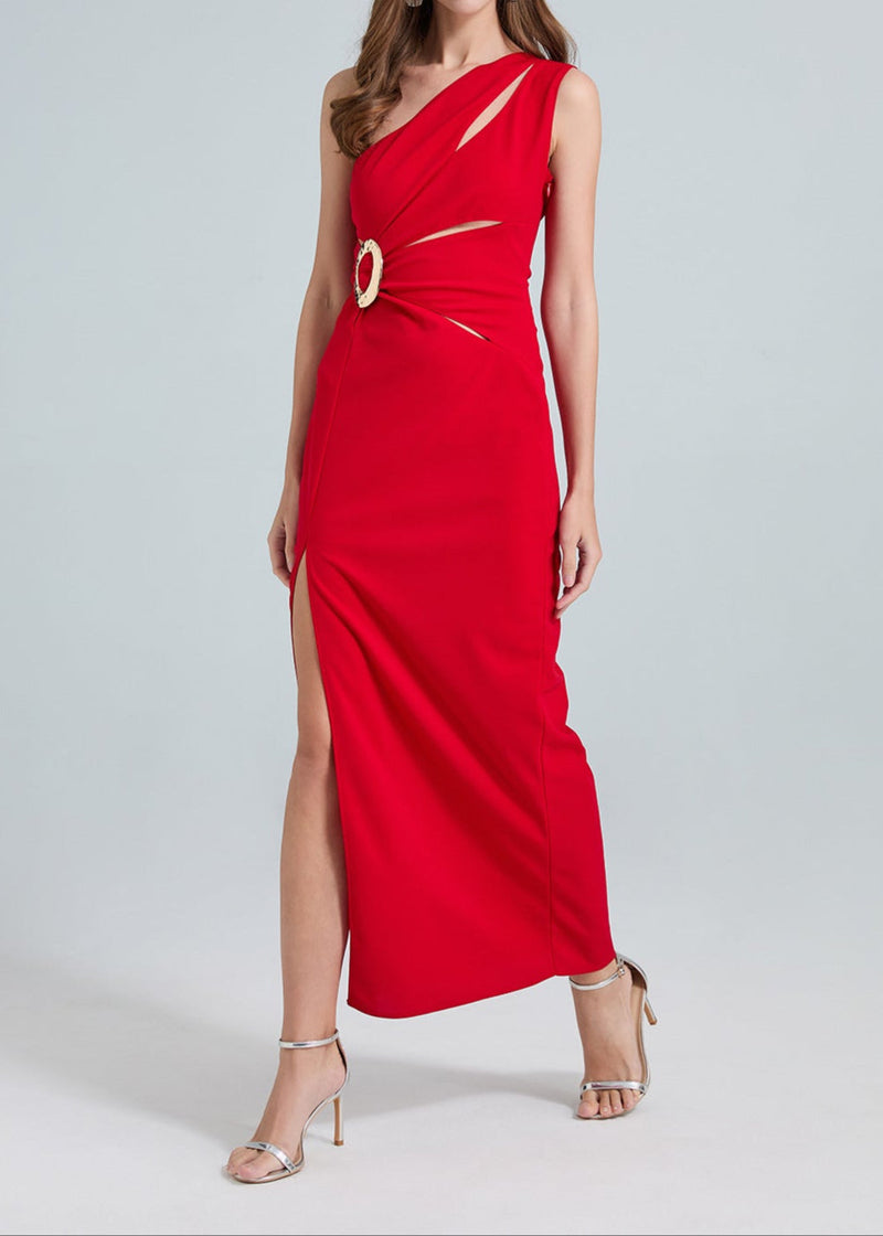 Nebraska One-Shoulder Cutout Side Slit Maxi Dress In Red