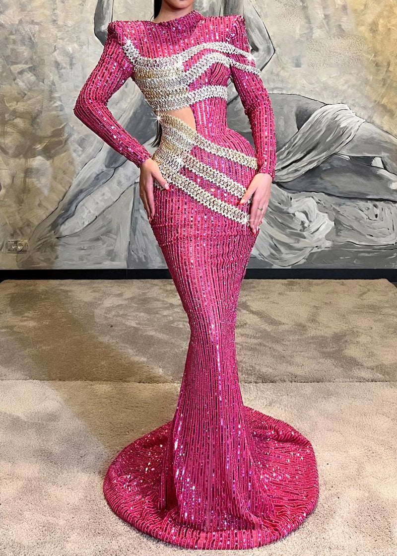 Seabi Long Sleeve Sequin Maxi Dress In Hot Pink