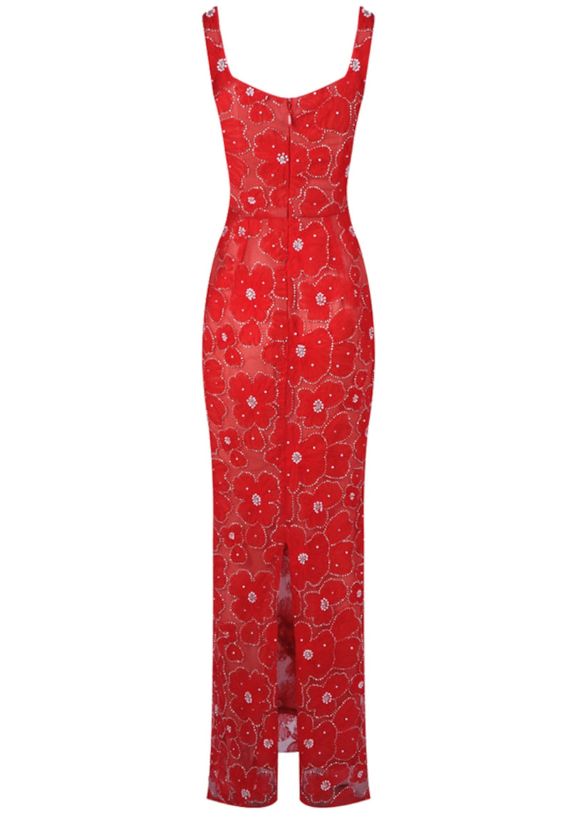 Phyxira Crystal Floral Maxi Dress In Red
