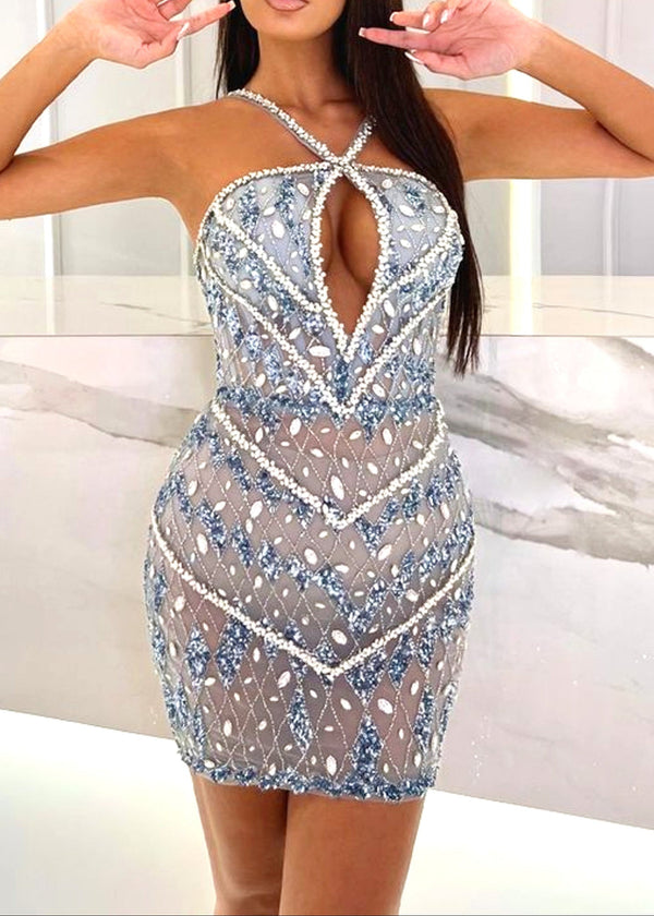 Lexiss Halter Crystal Sequin Mini Dress In Blue