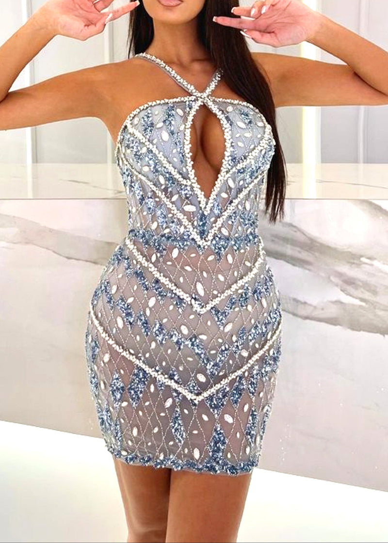 Lexiss Halter Crystal Sequin Mini Dress In Blue