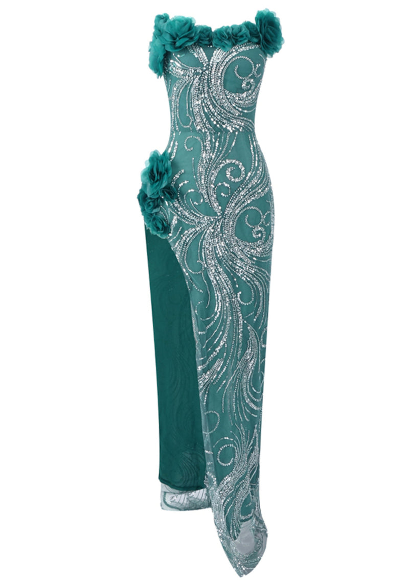 Xandria Floral Strapless Sequin Maxi Dress In Green