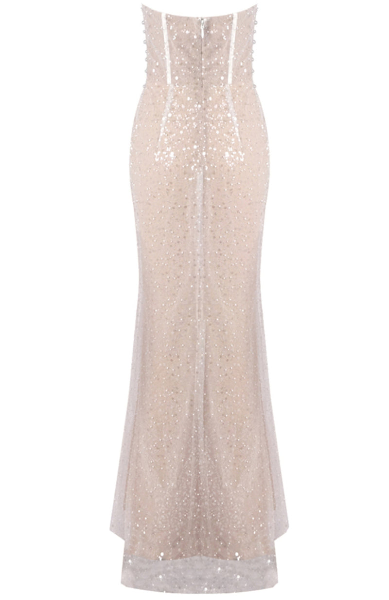 Pagan Strapless Pearl Sequin Corset Maxi Dress In Nude
