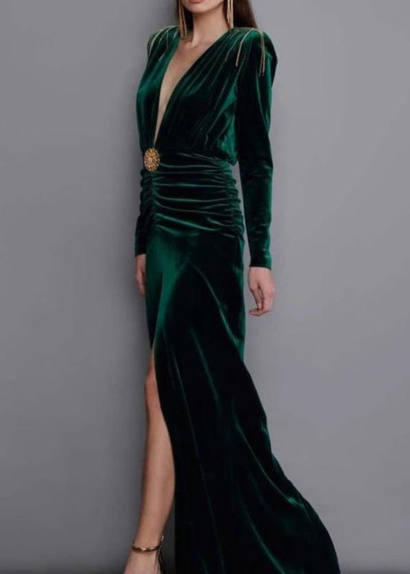 Kiki Velvet Tassel V-Neck Maxi Dress In Green