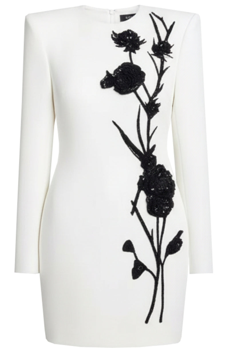 Kaseko Long Sleeve Sequin Floral Detail Mini Dress In White