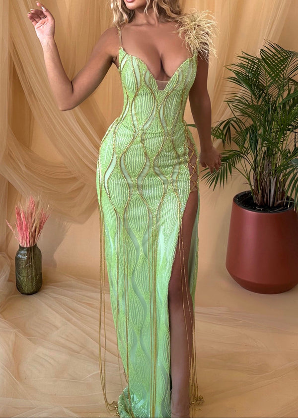 Jaslene Feather Detail Maxi Dress Green In Gold