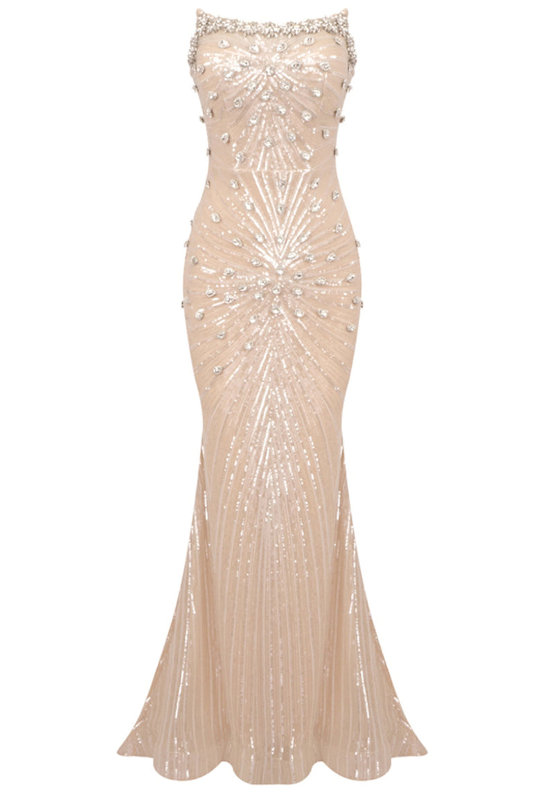 Haelric Strapless Crystal Sequined Maxi Dress In Nude