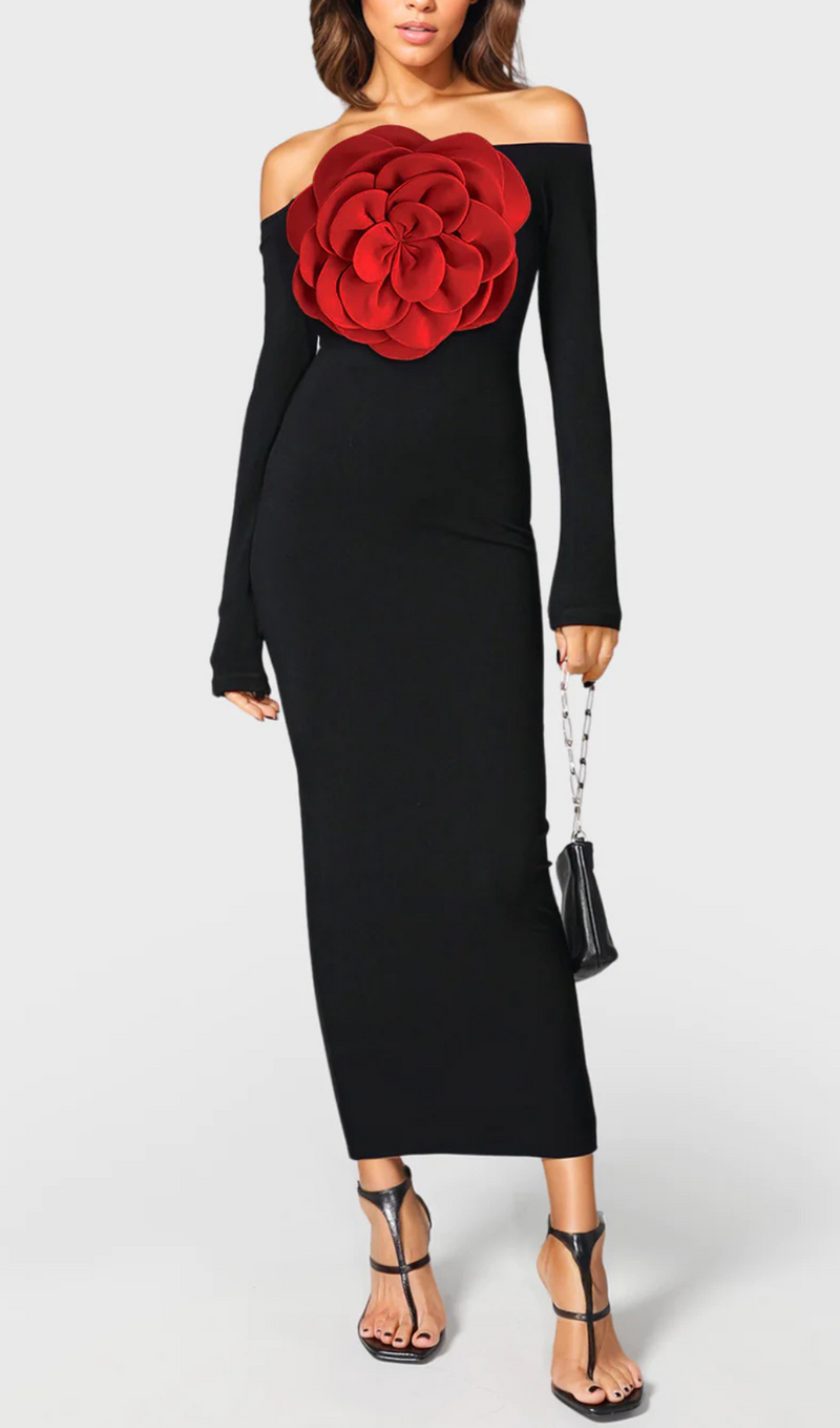 Bonnie Off Shoulder Red Flower Maxi Dress