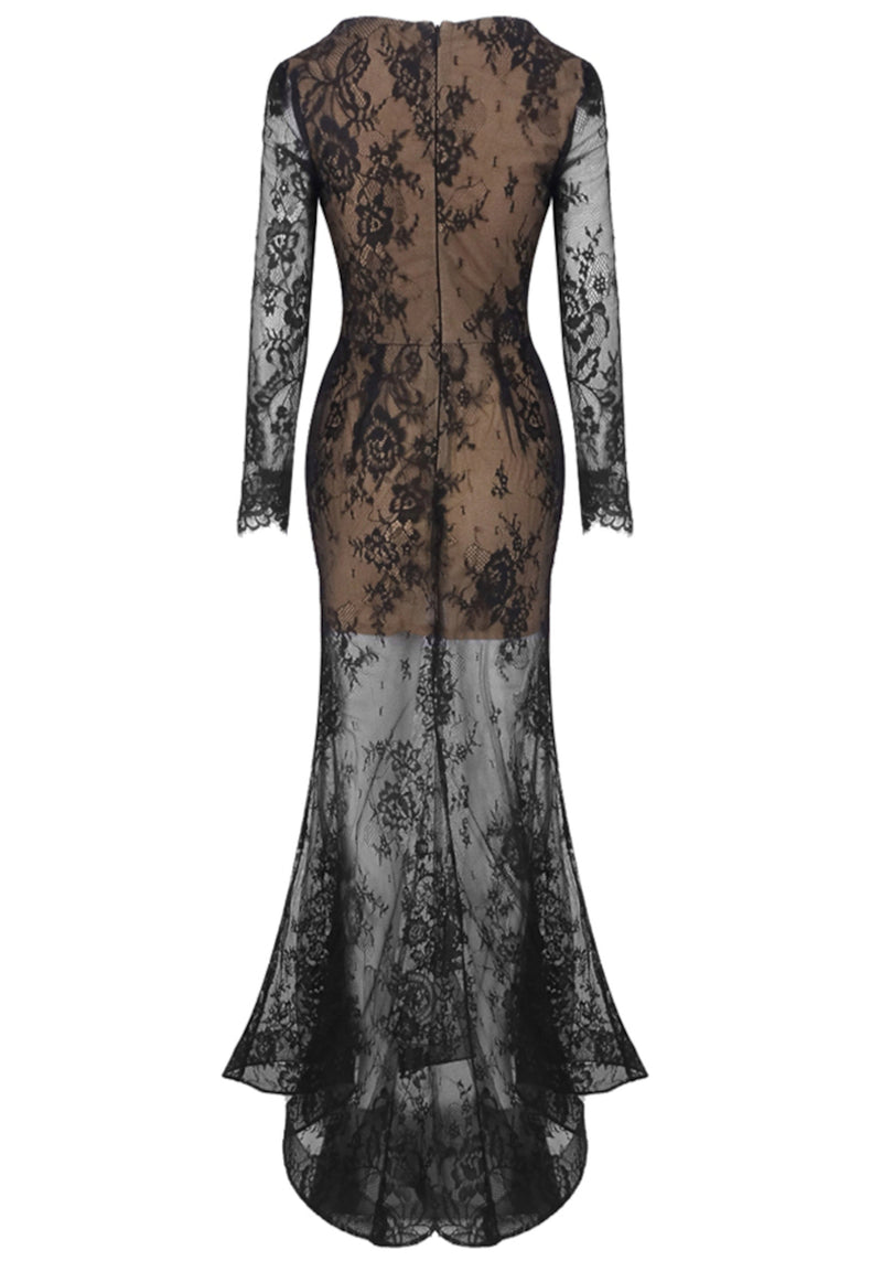 Rendor Long Sleeve Crystal Lace Maxi Dress In Black
