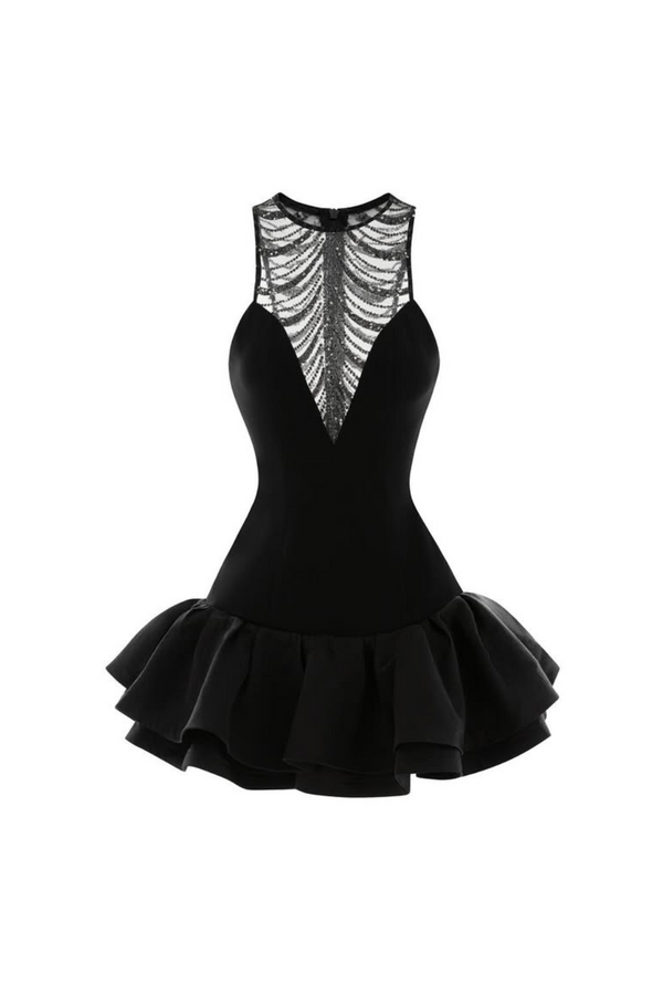 Tyxaris Sequin Tulle Ruched Hem Mini Dress In Black