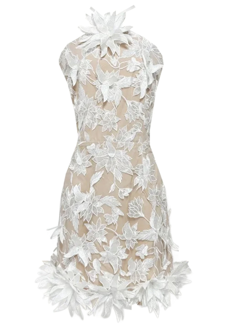Raziya Halter Floral Embroidered Mini Dress In White