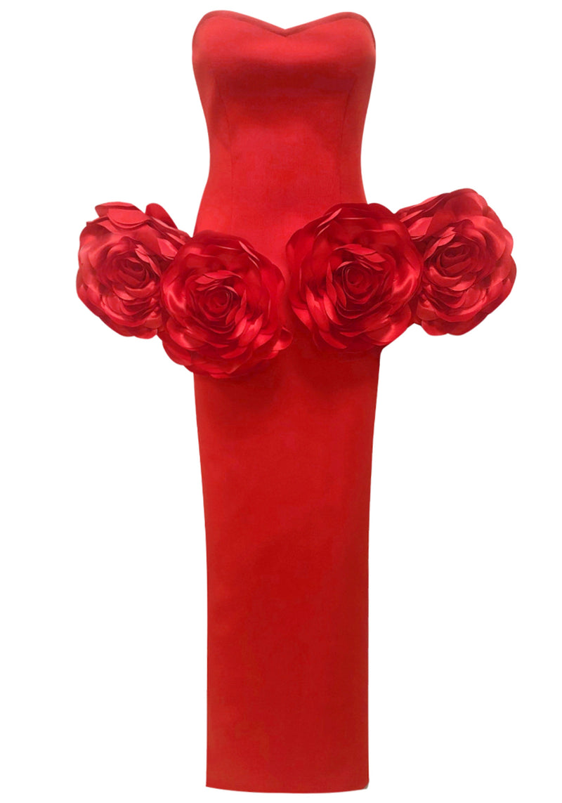 Baeluna Strapless Floral Detail Maxi Dress In Red