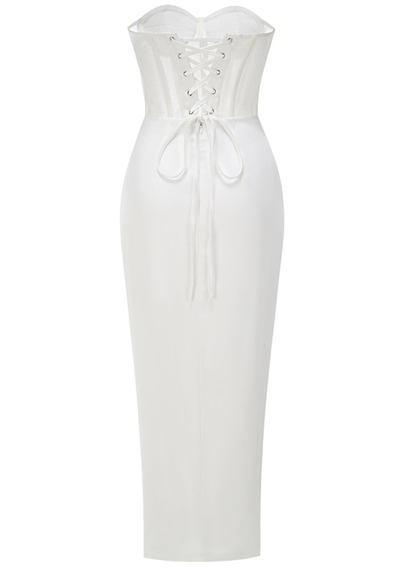 Azdara Strapless Mesh Corset Maxi Dress In White