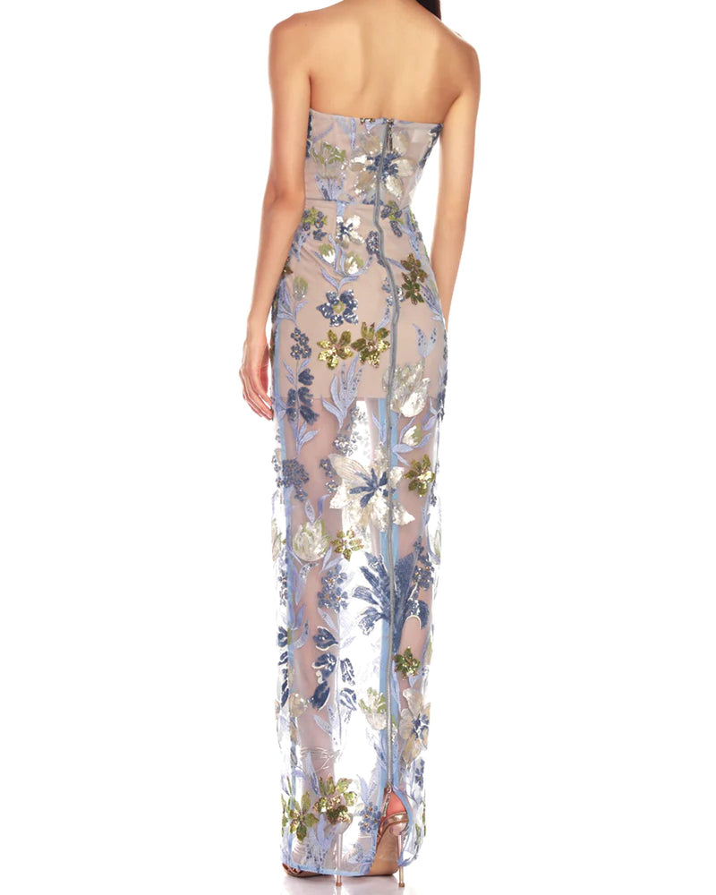 Yvoryth Strapless Sequin Embroidered Floral Maxi Dress In Blue