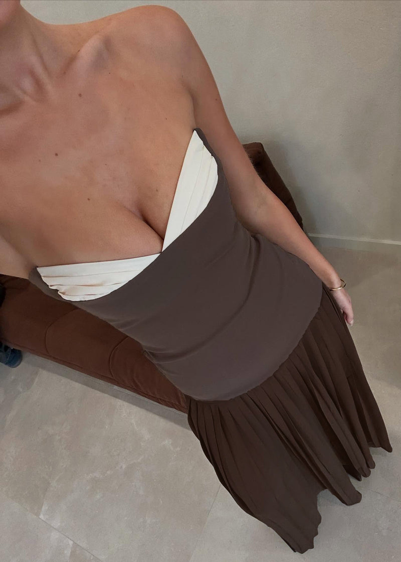 Kazra Strapless Pleated A Line Maxi Dress In Brown