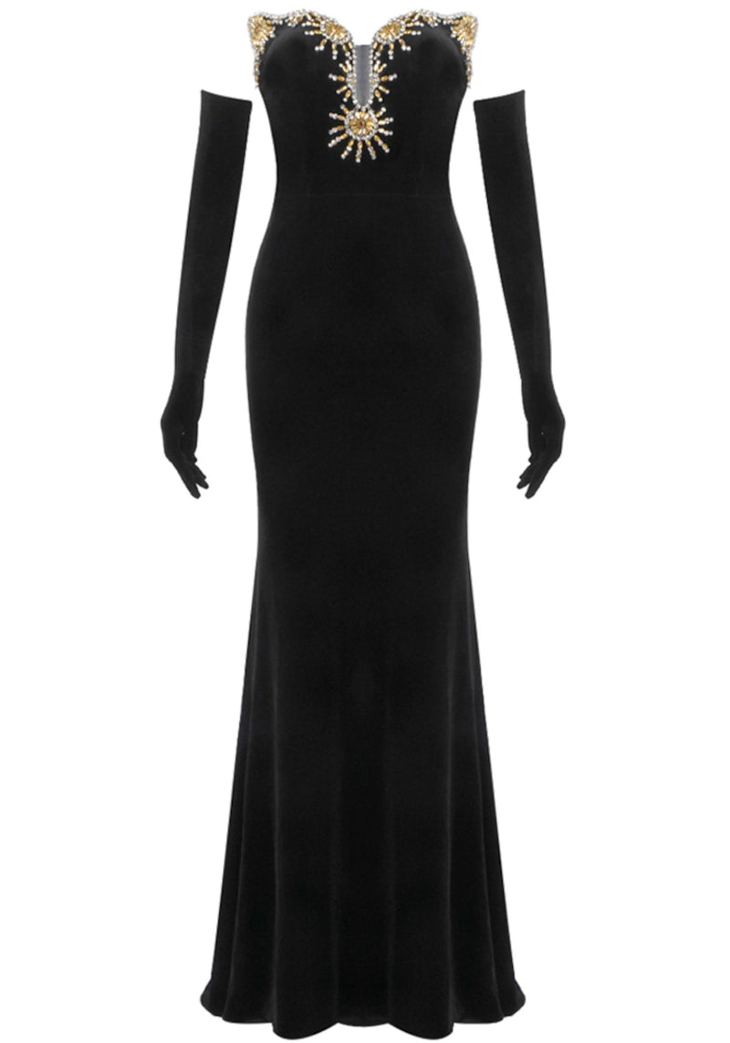 Axiom Strapless Crystal Embellished Maxi Velvet Dress In Black