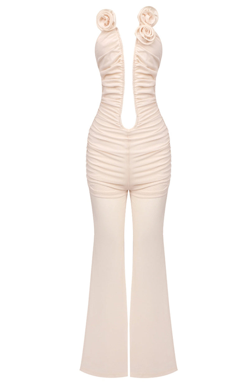 Aiyana Strapless Floral Ruched Jumpsuit In Nude