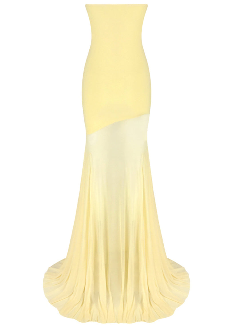 Raziela Strapless Mermaid Mesh Maxi Dress In Yellow