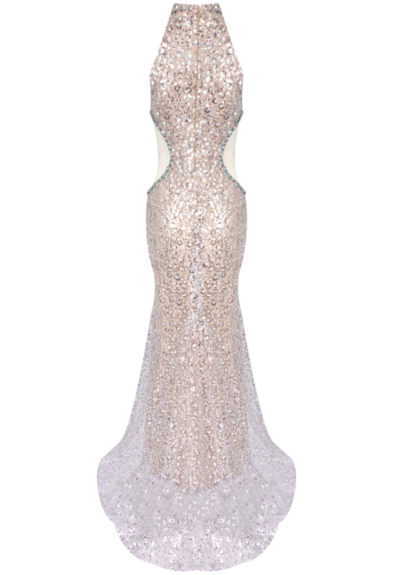 Laurie Halter Crystal Sequin Mermaid Maxi Dress In Silver