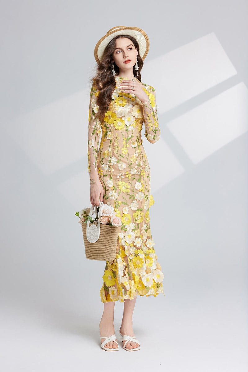 Thalvix Floral Embroidery Mesh Long Sleeve Midi Dress In Yellow