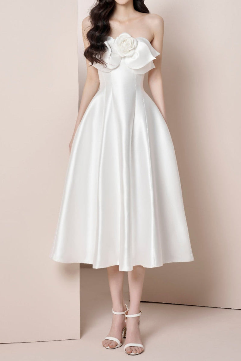 Valphyx Flower Satin Strapless Midi Dress In White