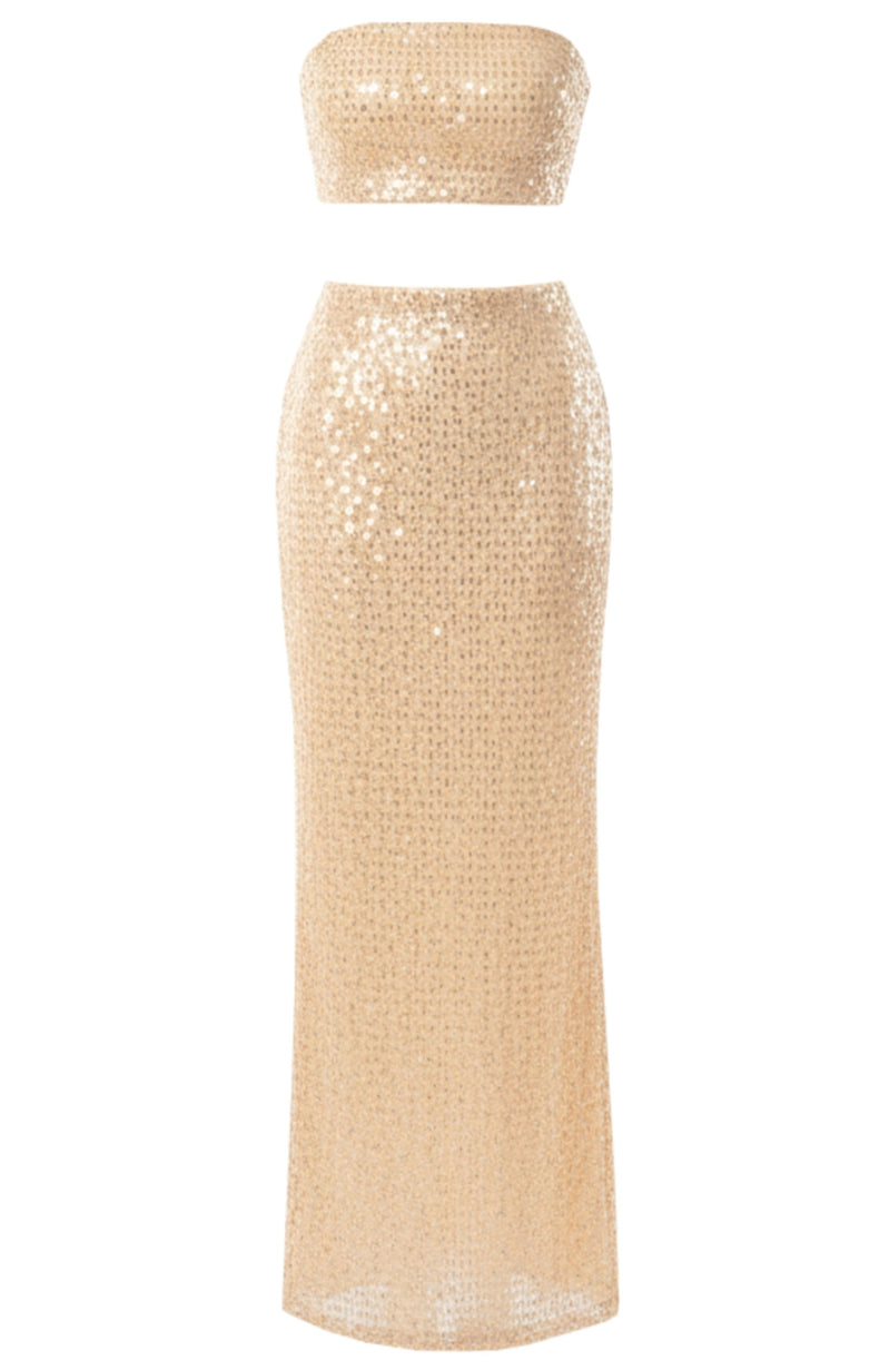 Veyth Strapless Embellished Two Piece Maxi Dress In Peach