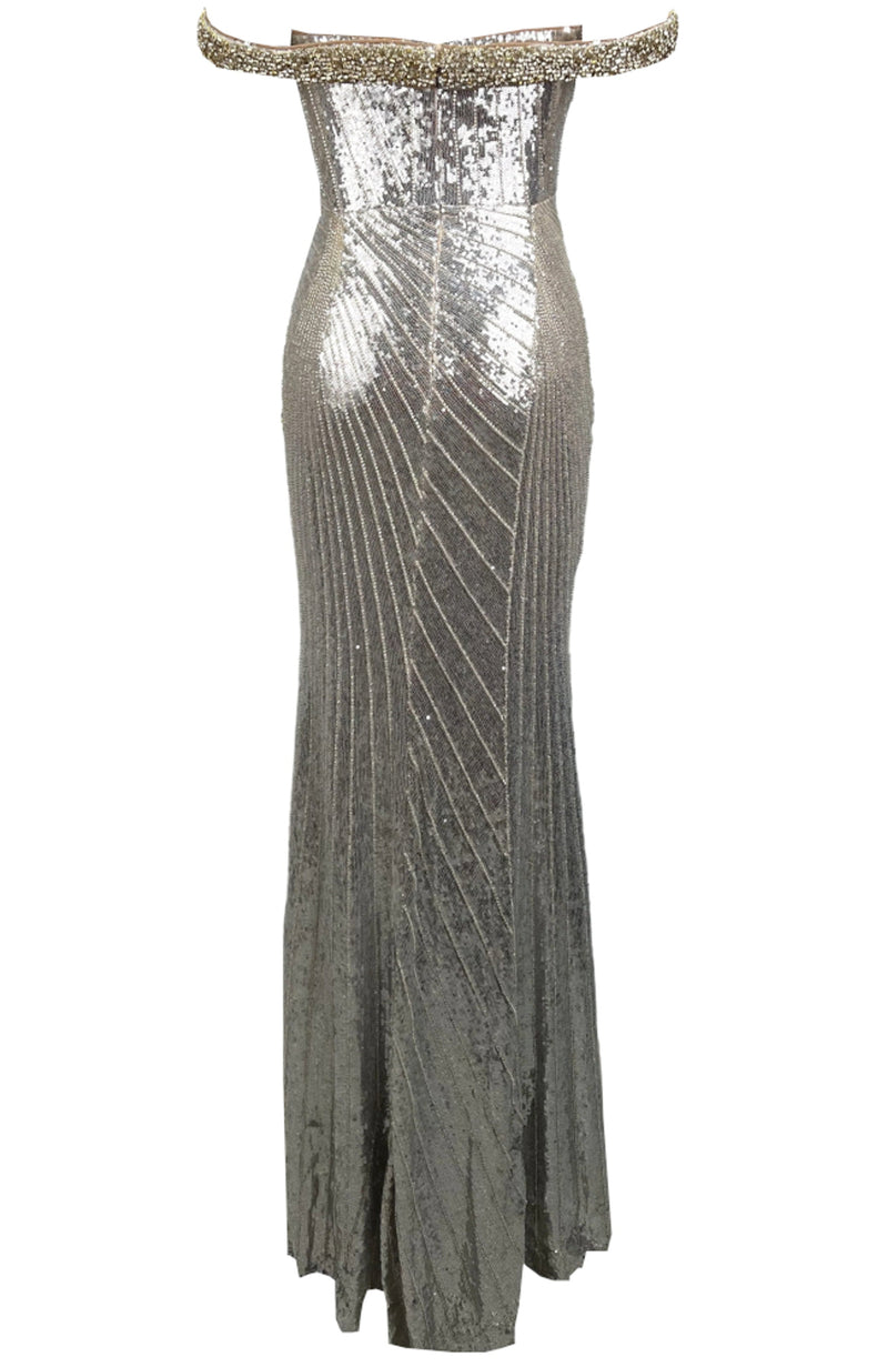 Othmar Embellished Bardot Sequin Maxi Dress In Platinum