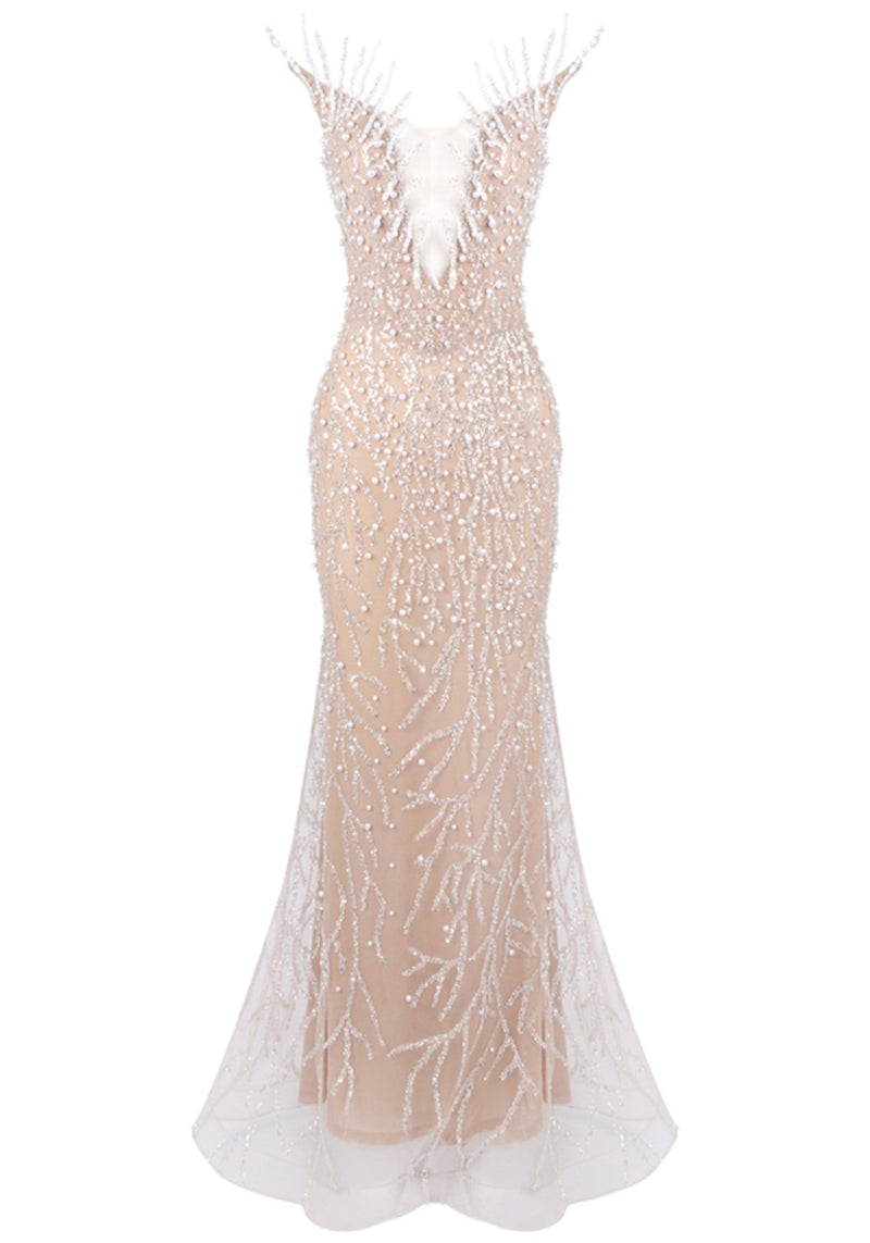 Ellisyn Strapless Crystal Pearl Sequin Maxi Dress In Nude