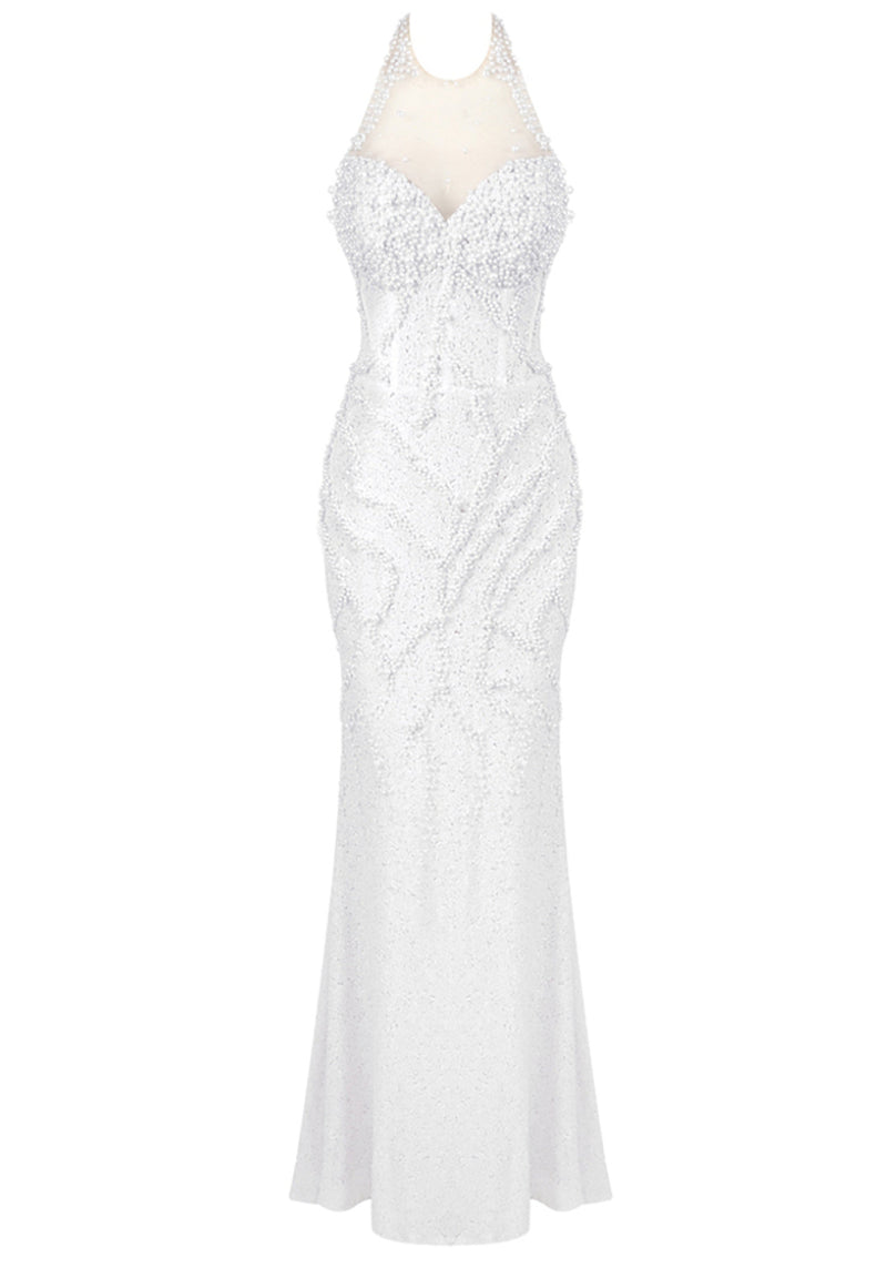 Aelorin Halter Pearl Detail Sequin Maxi Dress In White