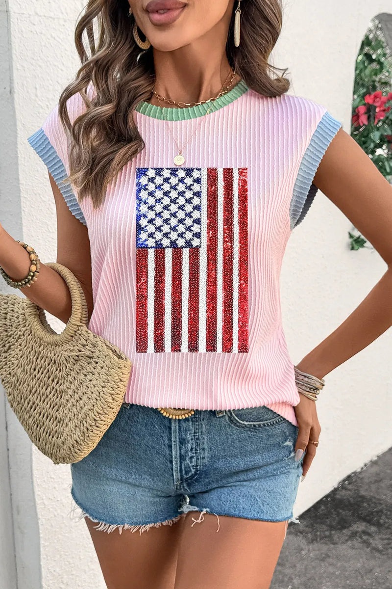 Colorblock Edge Twisted Rib Texture Sequin American Flag Casual T Shirt