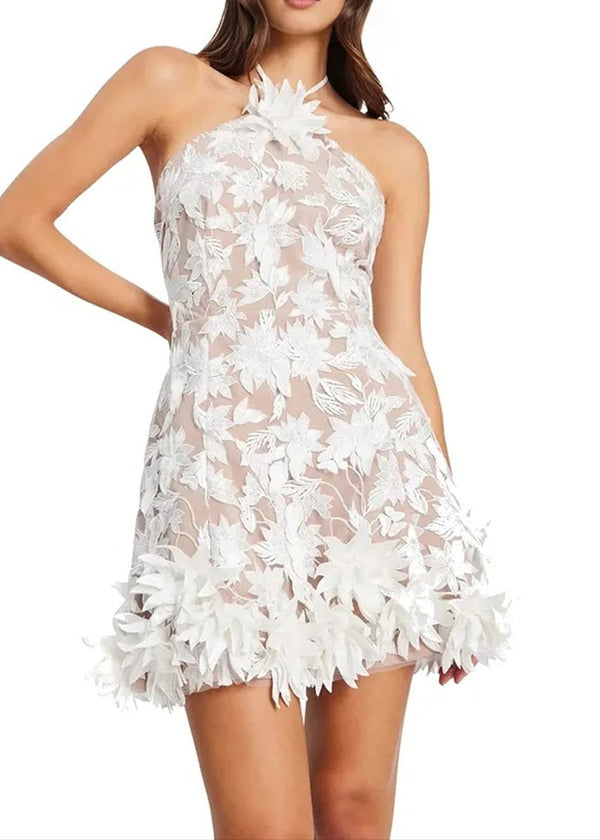 Raziya Halter Floral Embroidered Mini Dress In White