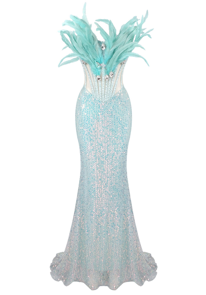 Brynthia Strapless Feather Corset Sequin Maxi Dress In Green