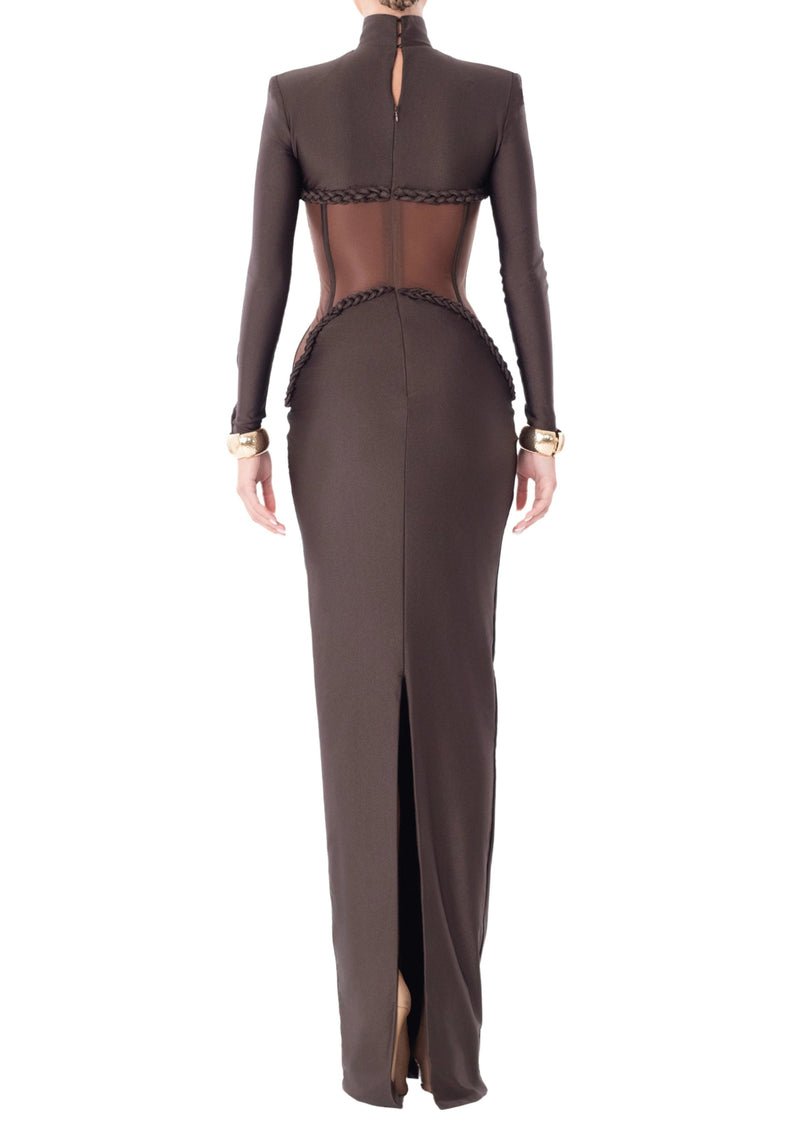 Jaelthis Long Sleeve Structured Mesh Maxi Dress In Brown