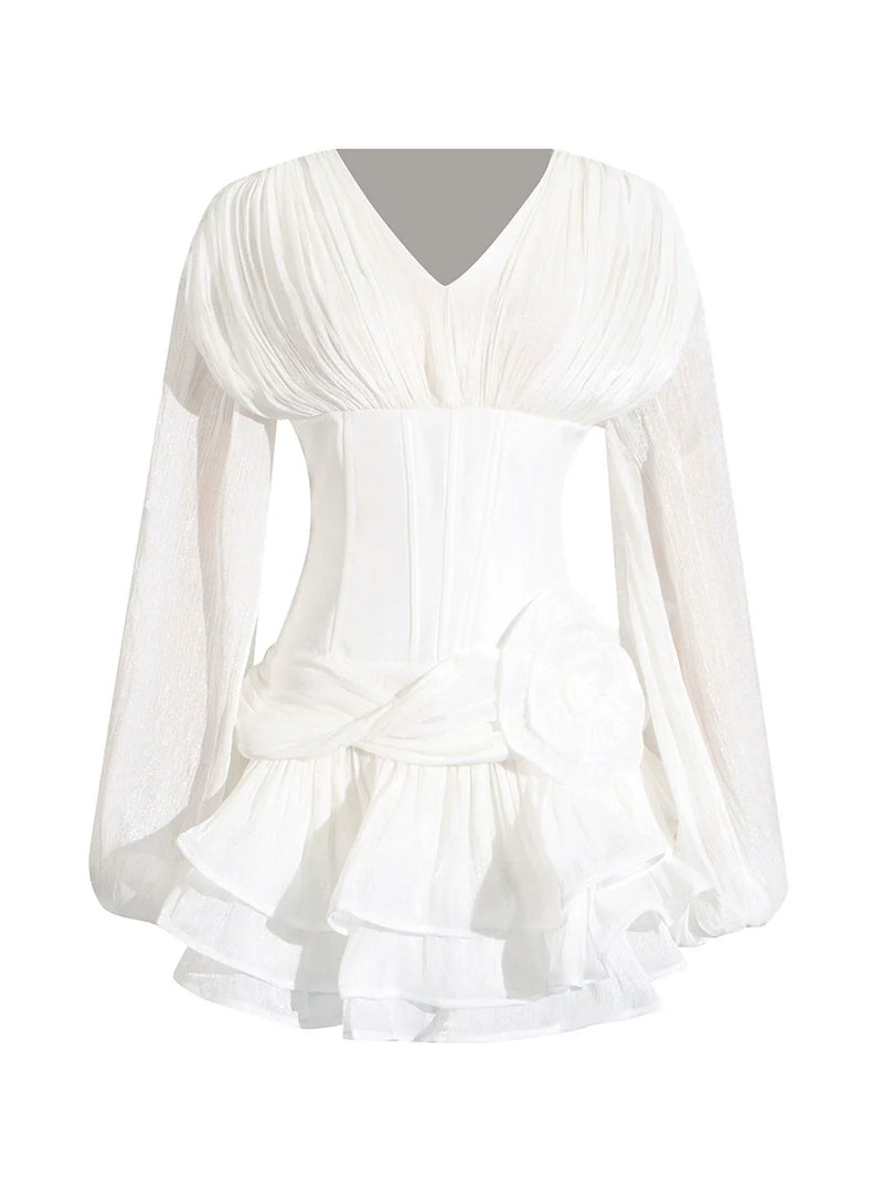 Aislyn 3D Flower Ruffle Trim Mini Dress In White