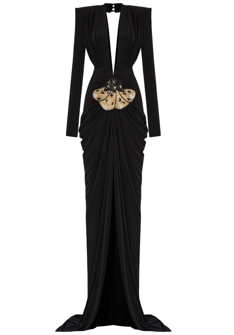 Avalee Long Sleeve Plunge V Neck Crystal Maxi Dress In Black