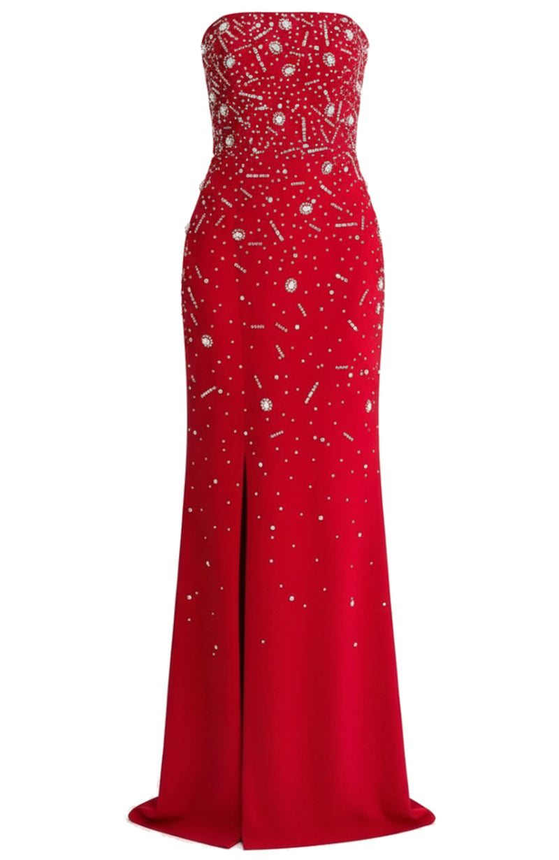 Razrik Strapless Crystal Embellished Maxi Dress In Red