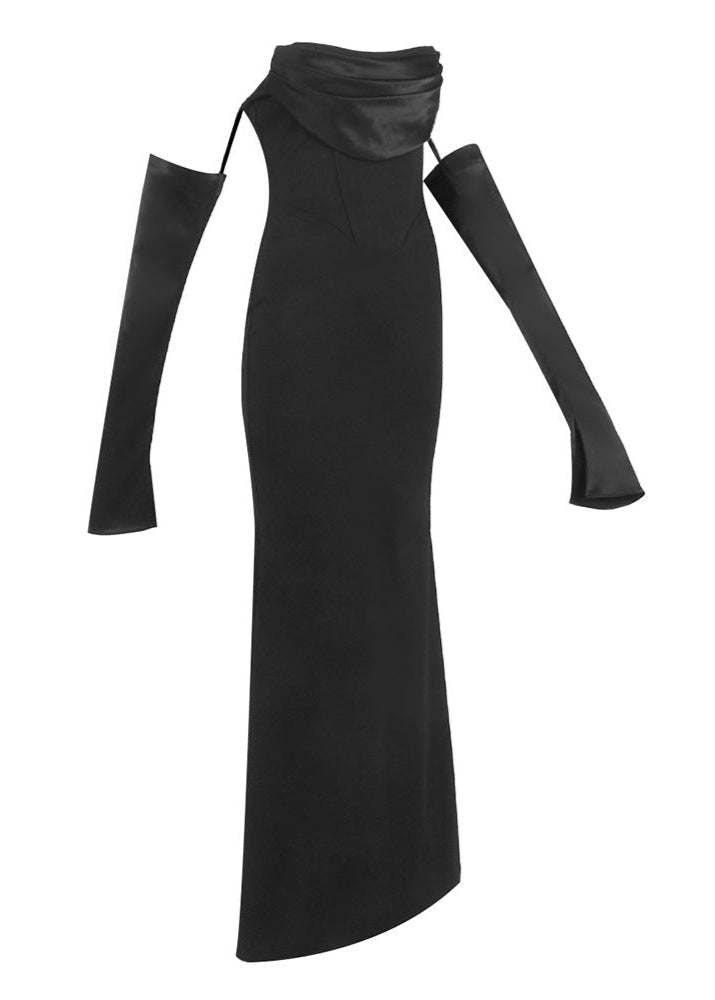 Radka Long Sleeve Strapless Draped Maxi Dress In Black