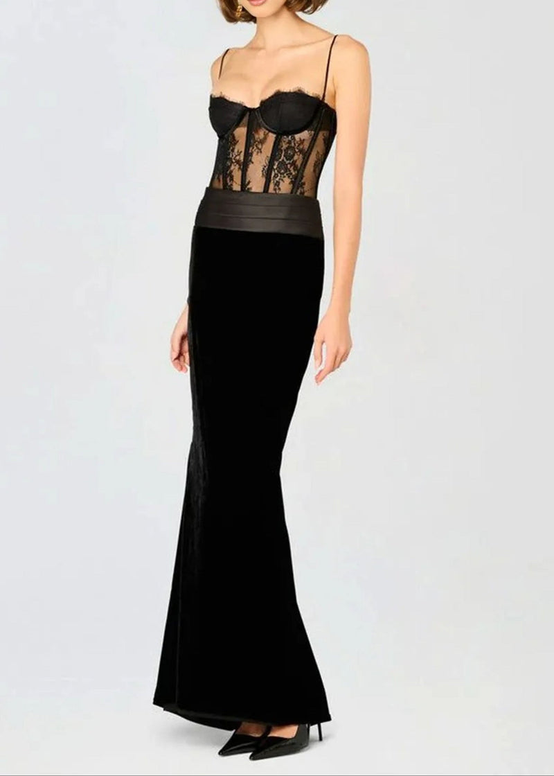 Mariela Lace Corset Maxi Velvet Dress In Black