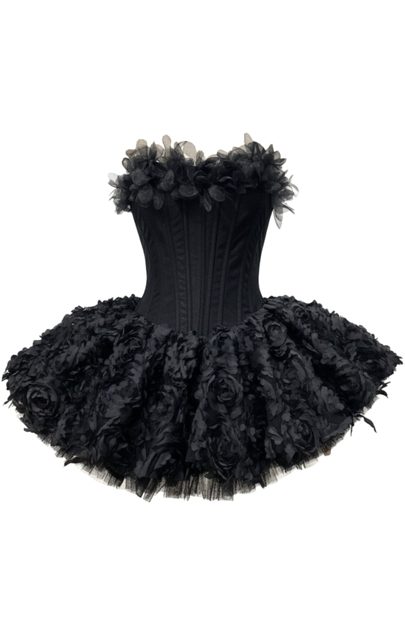 Lizzie Strapless Petal Floral Corset A Line Mini Dress In Black