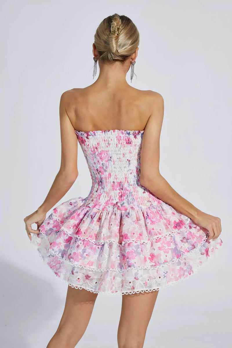Fritia Floral Ruched Strapless Mini Dress In Pink